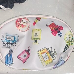 White Cosmetic Pouch with Multicolor Perfume Bottle Print And Random beauty item